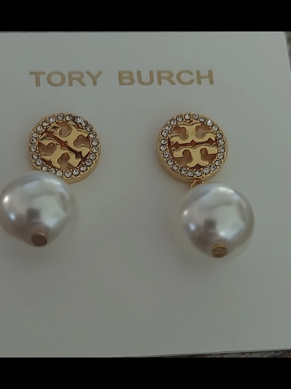 Tory Burch Gold Logo Pearl Drop Earrings with Crystal Halo